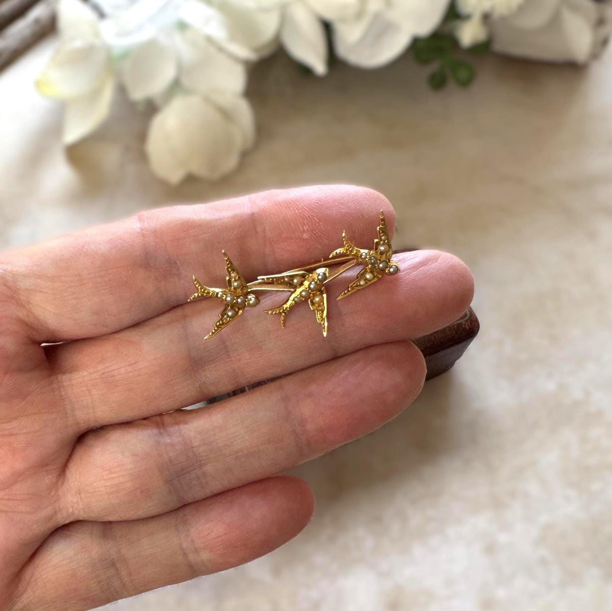 Antique Victorian 18ct Gold Swallow Brooch with Seed Pearls, Original Retailer's Box
