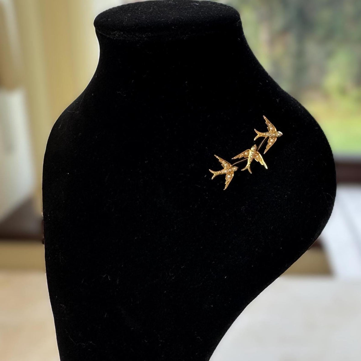 Antique Victorian 18ct Gold Swallow Brooch with Seed Pearls, Original Retailer's Box