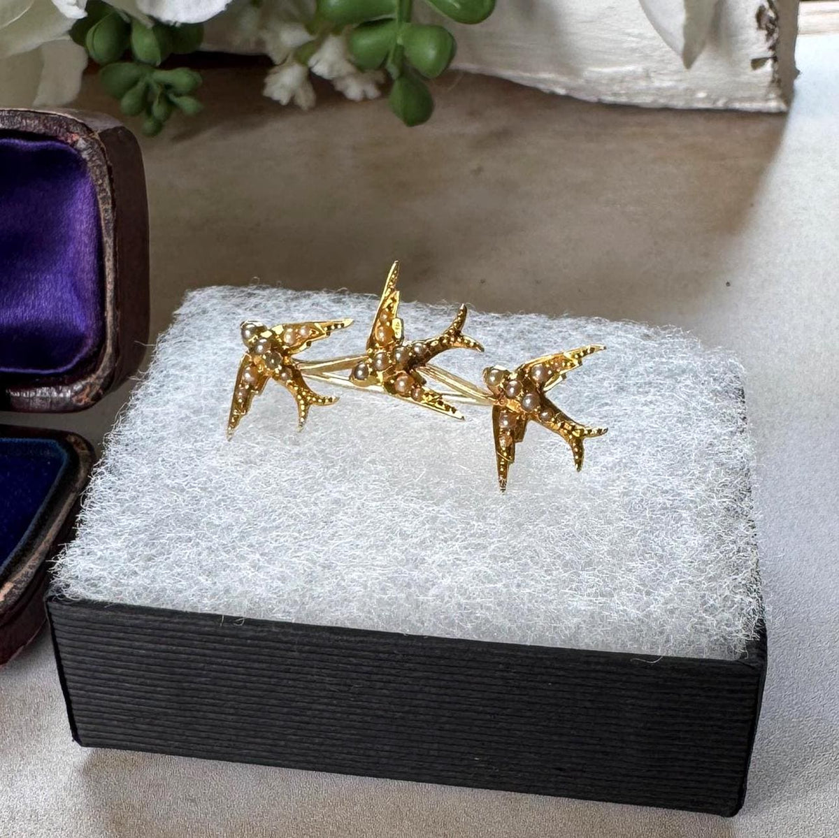Antique Victorian 18ct Gold Swallow Brooch with Seed Pearls, Original Retailer's Box