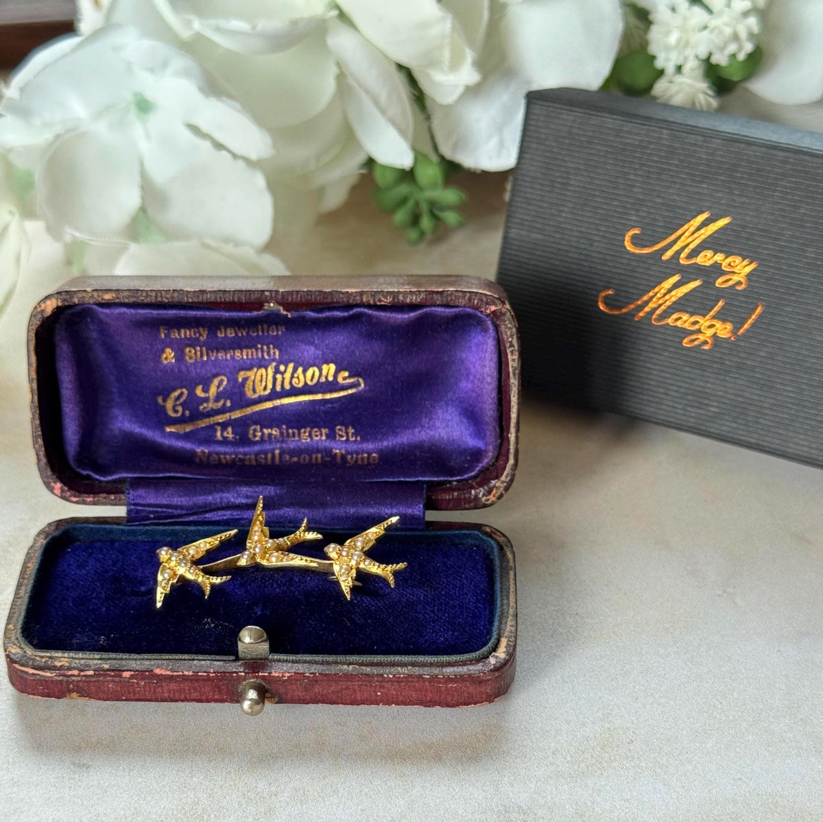 Antique Victorian 18ct Gold Swallow Brooch with Seed Pearls, Original Retailer's Box