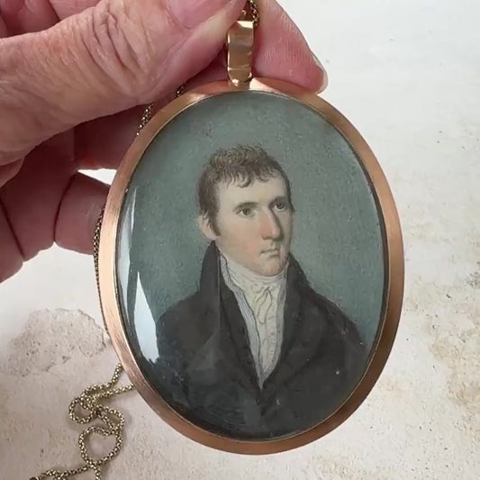 Antique Regency Portrait Miniature Pendant, Georgian Gentleman, Silver Gilt Hairwork c1800