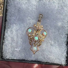 Load and play video in Gallery viewer, Antique Art Nouveau 9ct Gold Opal &amp; Seed Pearl Pendant
