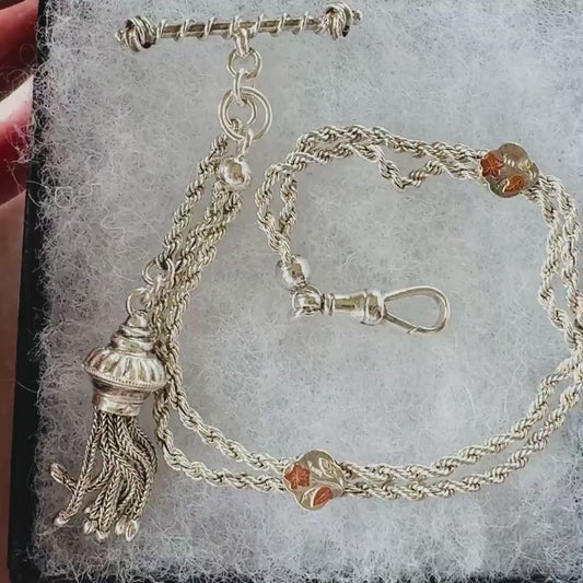 Antique Victorian Sterling Silver & Gold Albertina Tassel Watch Chain Bracelet