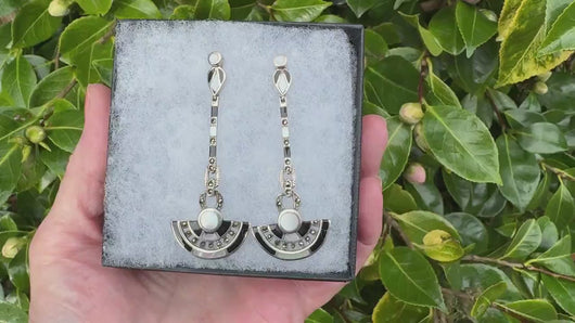 Vintage Art Deco Style Silver Onyx & Pearl Fan Motif Drop Earrings