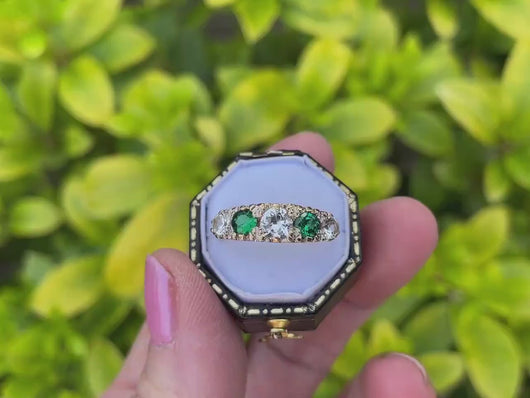 Vintage 9ct Gold Emerald & White Zircon 5 Stone Ring
