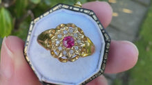 Load and play video in Gallery viewer, Antique 18ct Gold Ruby &amp; Rose Cut Diamond Cluster Ring
