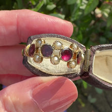 Cargar y reproducir el video en el visor de la galería, Antique Victorian 9ct Gold Pink Tourmaline &amp; Pearl Half Hoop Ring, Chester 1899
