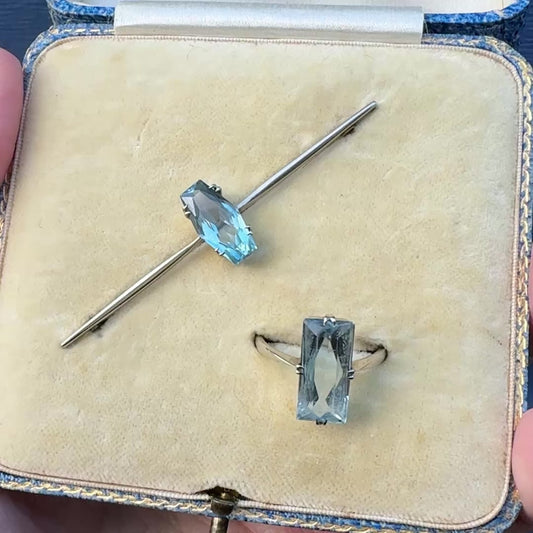 1920's Art Deco Blue Topaz 9ct Gold Jewellery Suite | Ring & Brooch | Original Fitted Presentation Case