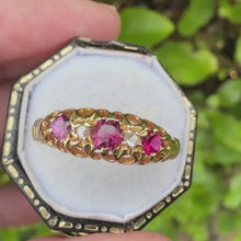 Load and play video in Gallery viewer, Antique Victorian 18ct Gold Rose Cut Diamond, Pink Tourmaline &amp; Ruby Classic 5 Stone Ring
