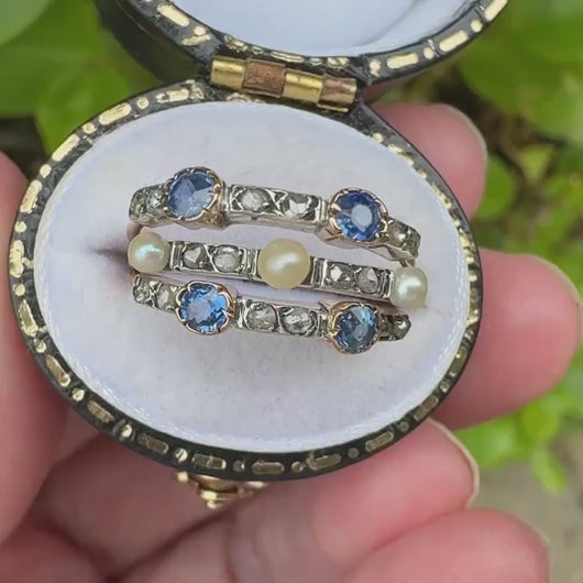 Antique Victorian 15ct Gold Diamond, Sapphire & Pearl Harem Ring