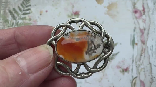 Vintage Scottish Silver Celtic Knot Dendritic Agate Brooch