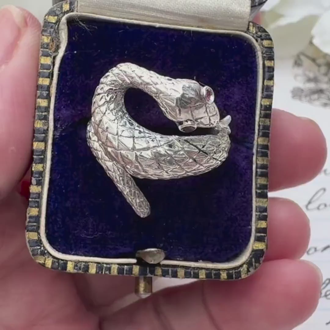 Vintage Sterling Silver Coiled Snake Ring With Ruby Eyes