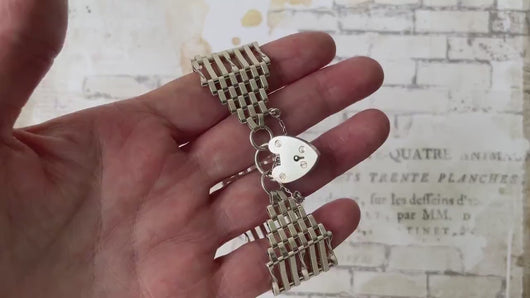 Vintage Sterling Silver Wide Gate Bracelet With Heart Padlock Clasp