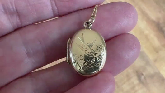 Antique Victorian Aesthetic 9ct Gold Engraved Swallow Locket Necklace