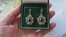 Load and play video in Gallery viewer, Vintage Whitby Jet Gemstone Sterling Silver Flower Earrings
