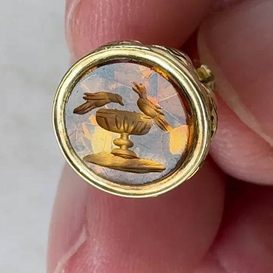 Georgian Miniature Lovebird Intaglio Seal Fob | Antique Gold-Cased Citrine Pendant