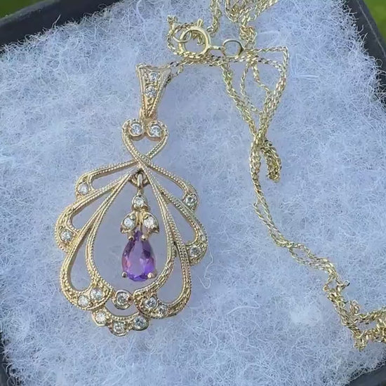 Vintage 9ct Gold Diamond & Amethyst Pendant With Optional Gold Chain