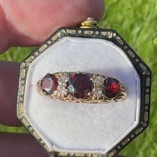 Vintage 9ct Gold Red Garnet & White Zircon Half Band Trilogy Ring