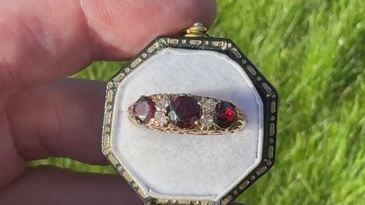 Vintage 9ct Gold Red Garnet & White Zircon Half Band Trilogy Ring