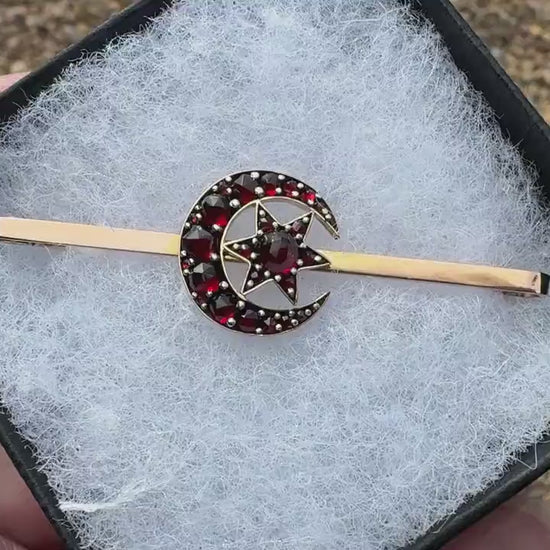 Victorian 9ct Gold Crescent Moon & Star Bohemian Garnet Bar Brooch