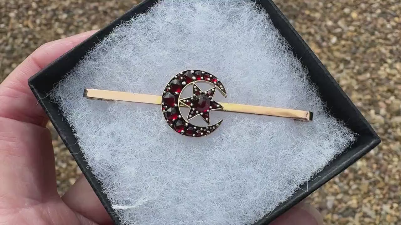 Victorian 9ct Gold Crescent Moon & Star Bohemian Garnet Bar Brooch