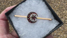Load and play video in Gallery viewer, Victorian 9ct Gold Crescent Moon &amp; Star Bohemian Garnet Bar Brooch
