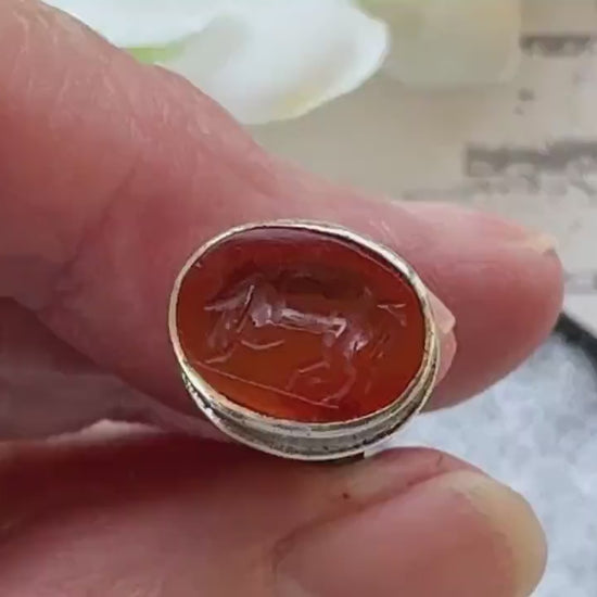 Antique Georgian Ancient Roman Horse Intaglio Seal, Silver & Scottish Banded Agate Handle