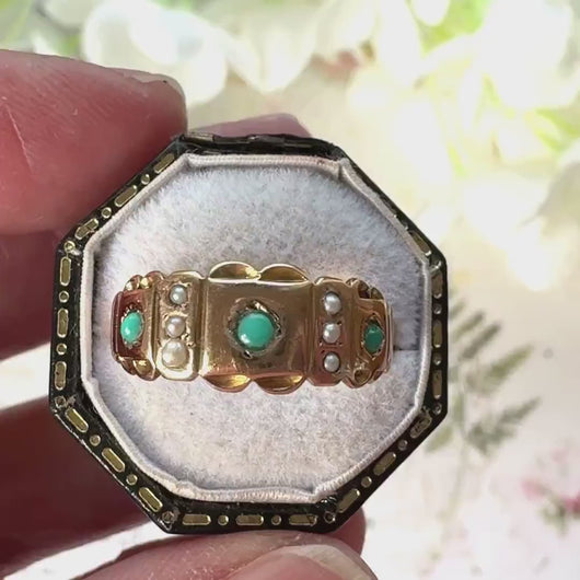 Antique Victorian 15ct Yellow Gold Turquoise & Pearl Band Ring