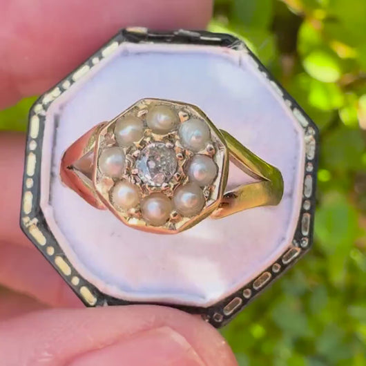 Antique Victorian 15ct Gold Rose-Cut Diamond & Pearl Octagonal Shaped Ring