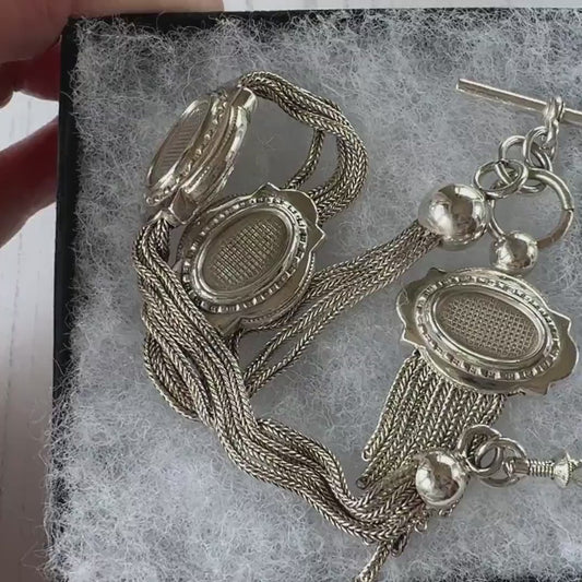 Antique Victorian Sterling Silver Albertina with Sliding Charms and Tassel, Circa 1840