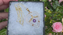 ギャラリービューアAntique 9ct Gold Amethyst &amp; Pearl Art Nouveau Heart Pendant Necklaceに読み込んでビデオを見る

