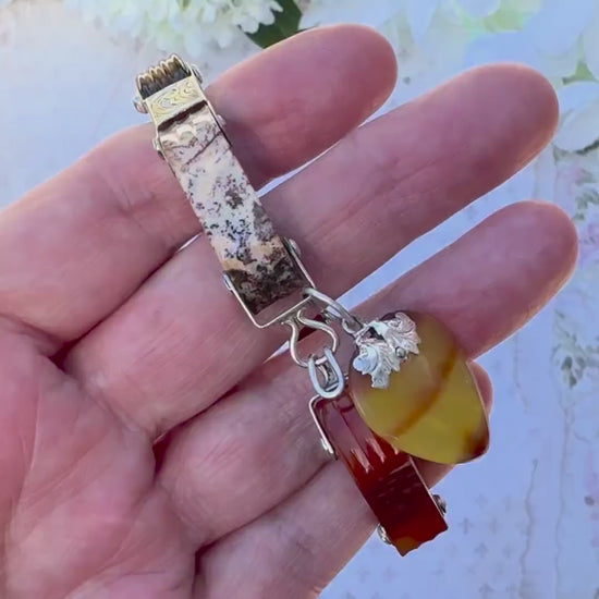 Antique Victorian Scottish Agate Sterling Silver Bracelet With Carved Heart Charm