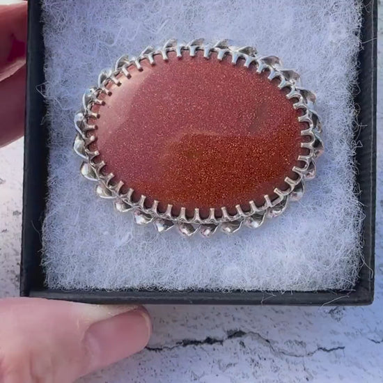 Vintage English Silver Goldstone Oval Brooch