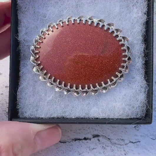 Vintage English Silver Goldstone Oval Brooch