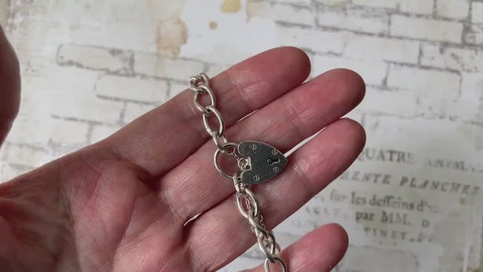 Vintage English Silver Curb Chain Bracelet With Love Heart Padlock