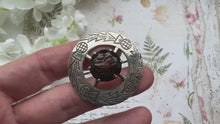 Load and play video in Gallery viewer, Vintage Scottish Silver &amp; Smoky Quartz Engraved Thistle Shield Brooch
