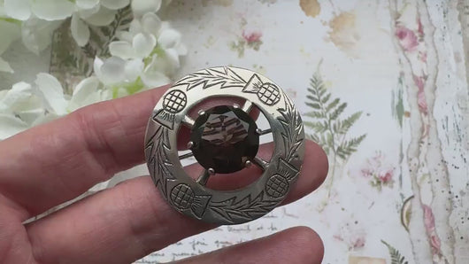 Vintage Scottish Silver & Smoky Quartz Engraved Thistle Shield Brooch