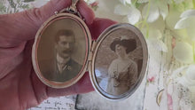 Load and play video in Gallery viewer, Antique Victorian Silver &amp; Gold Floral Locket With Photographs
