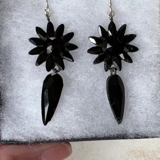 Antique Vauxhall Glass Earrings, Rare Georgian Regency Black Glass Floral Drops