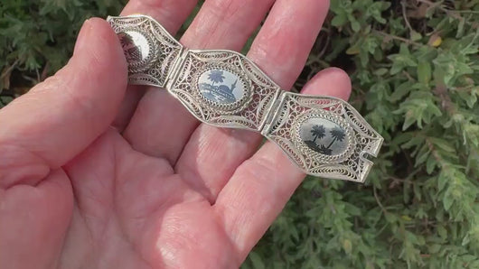 Antique Art Deco Egyptian Revival Niello Silver Filigree Bracelet