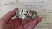 Load and play video in Gallery viewer, Vintage Floral Engraved Forget-Me-Not Belt &amp; Buckle Silver Bangle, 1962 Hallmarks

