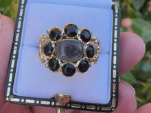 Charger et lire la vidéo dans la visionneuse de la Galerie, Georgian Mourning Ring: 18ct Gold Hair Locket with Black Paste Halo
