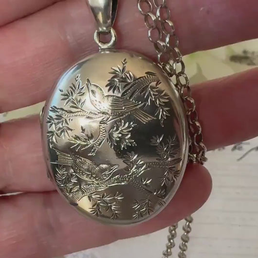 Victorian Aesthetic Engraved Sterling Silver Swallow Locket Pendant Necklace