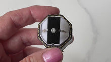 Load and play video in Gallery viewer, Antique Art Deco 9ct Gold White Zircon &amp; Onyx Ring
