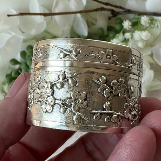 Antique Chinese Export Silver Plum Blossom Box, Wang Hing, Qing Dynasty, Circa 1900
