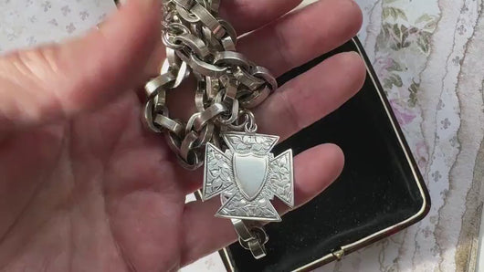 Superb Victorian 1883 Chunky Silver Albert Watch Chain With Maltese Cross Fob