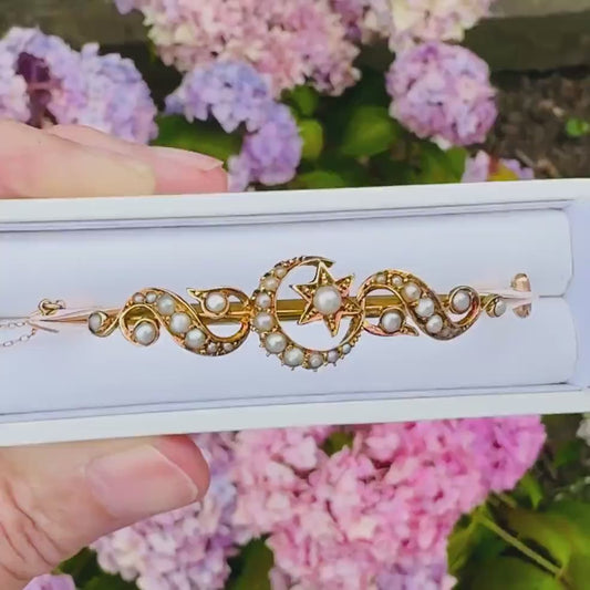 Antique Edwardian 15ct Rose Gold Pearl Crescent Moon & Star Bangle
