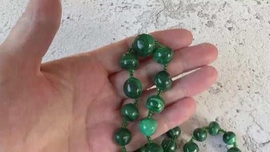 Antique Malachite Graduated Bead Necklace With Rolled Gold Clasp