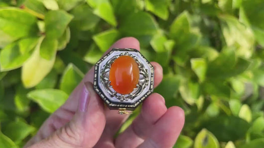 Antique Arts & Crafts Silver Carnelian Floral Ring