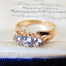Cargar imagen en el visor de la galería, 1970s Vintage 9ct Gold 3 Stone Trilogy Ring, Clear White Zircons - MercyMadge
